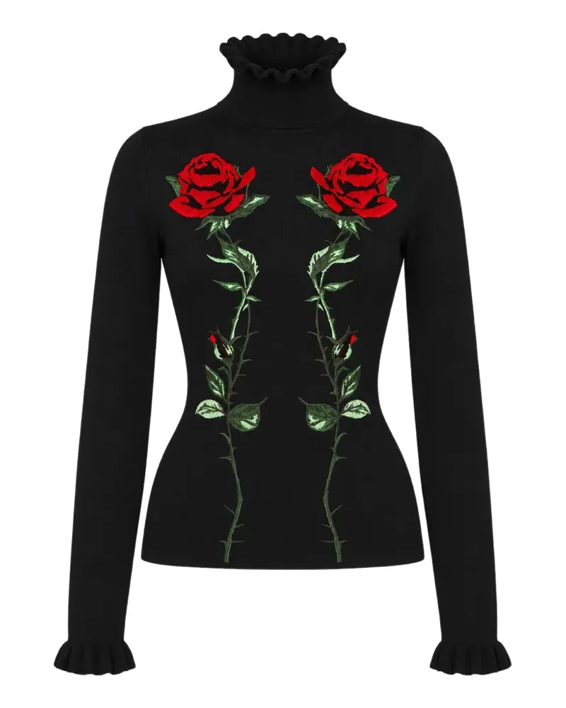Blumarine rose-embroidered ruffled-trim sweater - Schwarz Schwarz