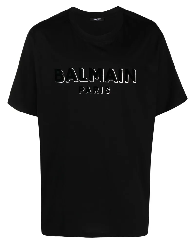 Balmain T-Shirt mit beflocktem Logo - Schwarz Schwarz