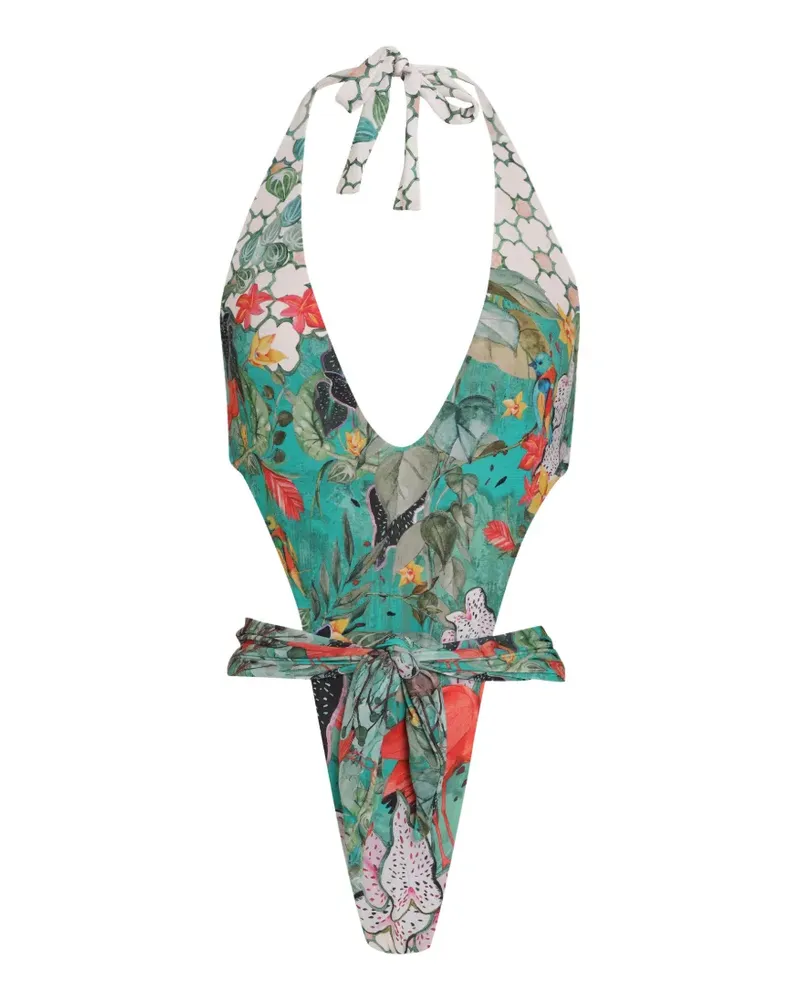 Amir Slama Neckholder-Badeanzug mit Blumenprint - Grün Grün