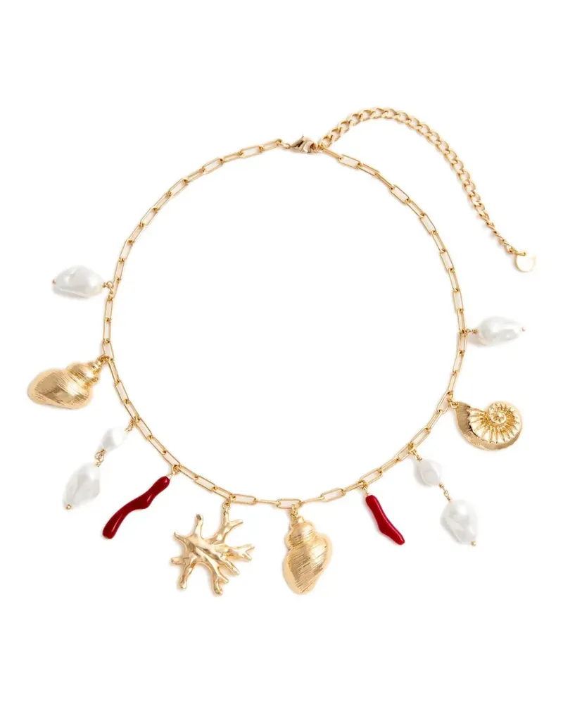 Self-Portrait faux-pearl coral-charm necklace - Gold Gold