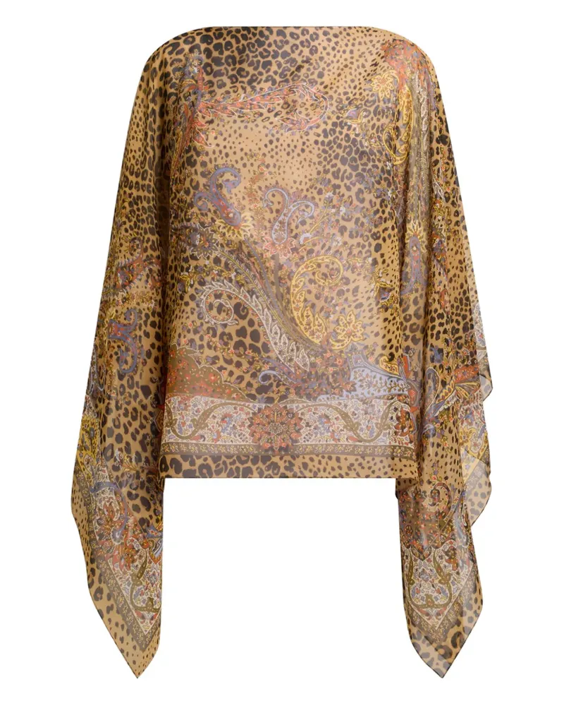 Etro paisley-motif animal-print silk poncho - Braun Braun
