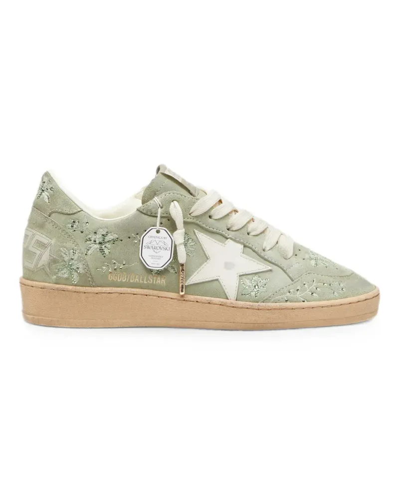 Golden Goose Ball Star Sneakers aus salbeigrünem Wildleder mit weißem Lederstern und Ton-in-Ton Swarovski Blumenstickerei Grün