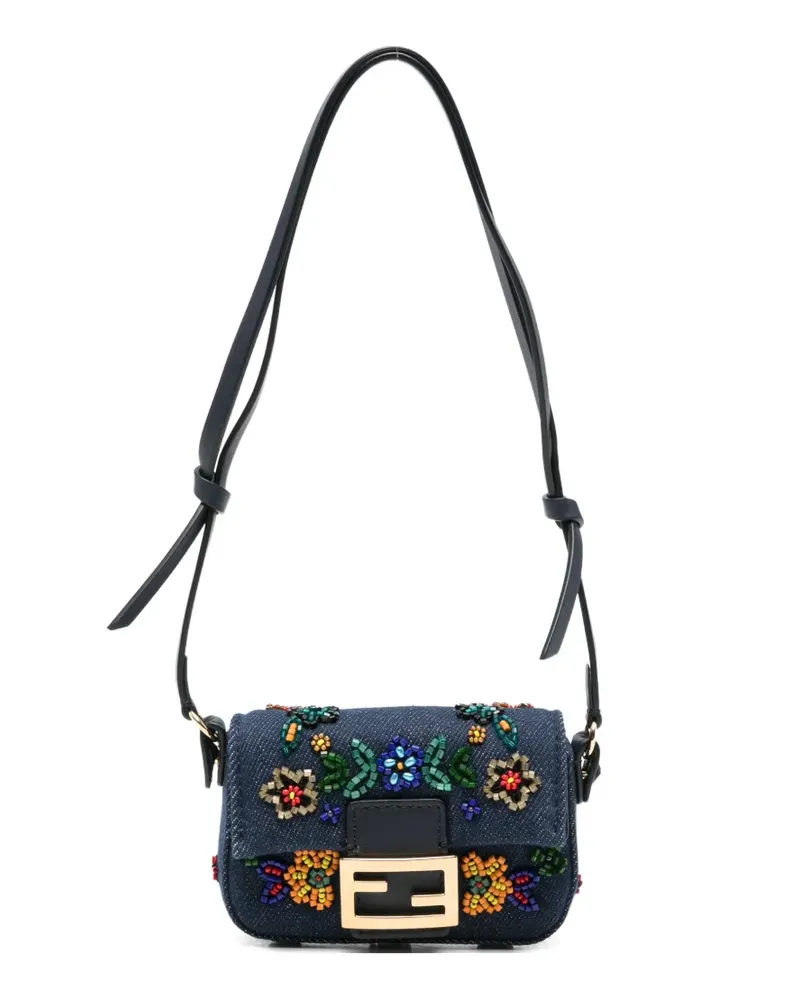 Fendi nano Baguette embroidered-flowers mini bag - Blau Blau
