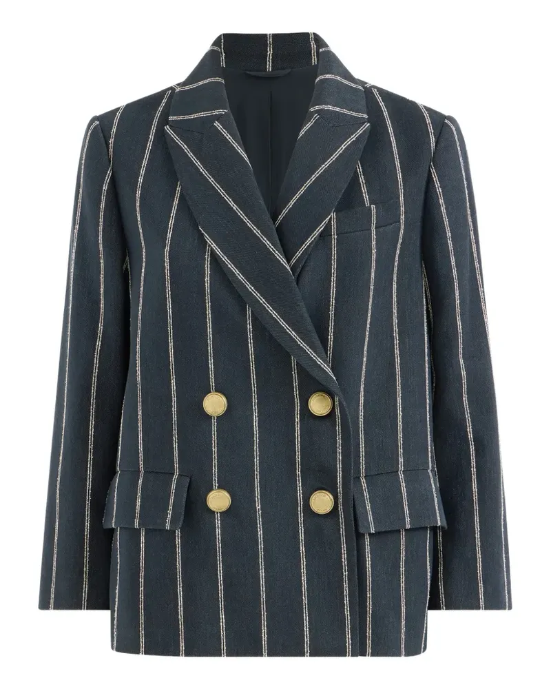 Brunello Cucinelli Jeansblazer aus Baumwolle und Leinen mit doppelten Kreidestreifen - Blau Blau