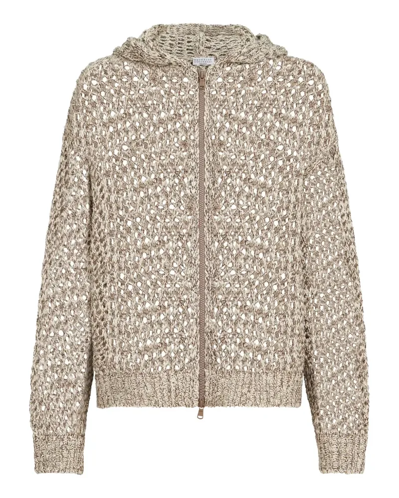 Brunello Cucinelli dazzling chiné net hooded cardigan in silk and linen with zipper - Nude Nude
