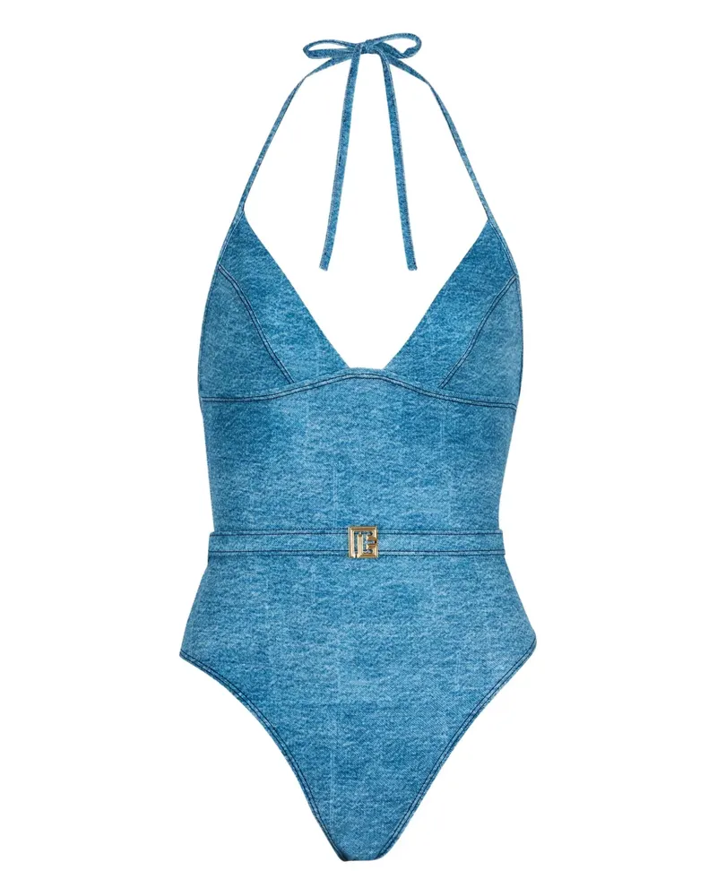 Balmain Badeanzug mit Logo-Schild - Blau Blau
