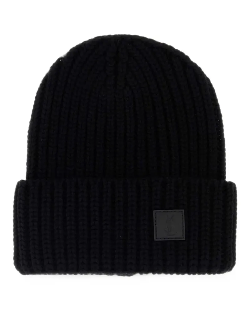 Saint Laurent Gerippte Beanie mit Logo-Patch - Schwarz Schwarz