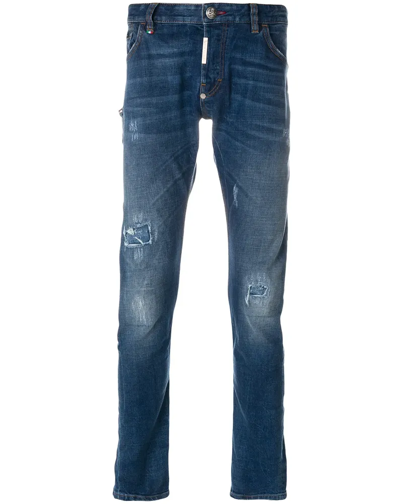 Philipp Plein Schmale Distressed-Jeans - Blau Blau
