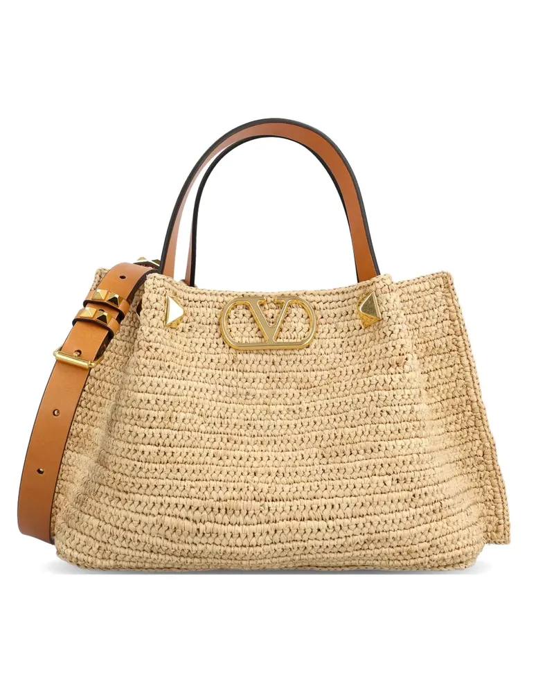 Valentino Garavani logo-detail raffia tote bag - Nude Nude