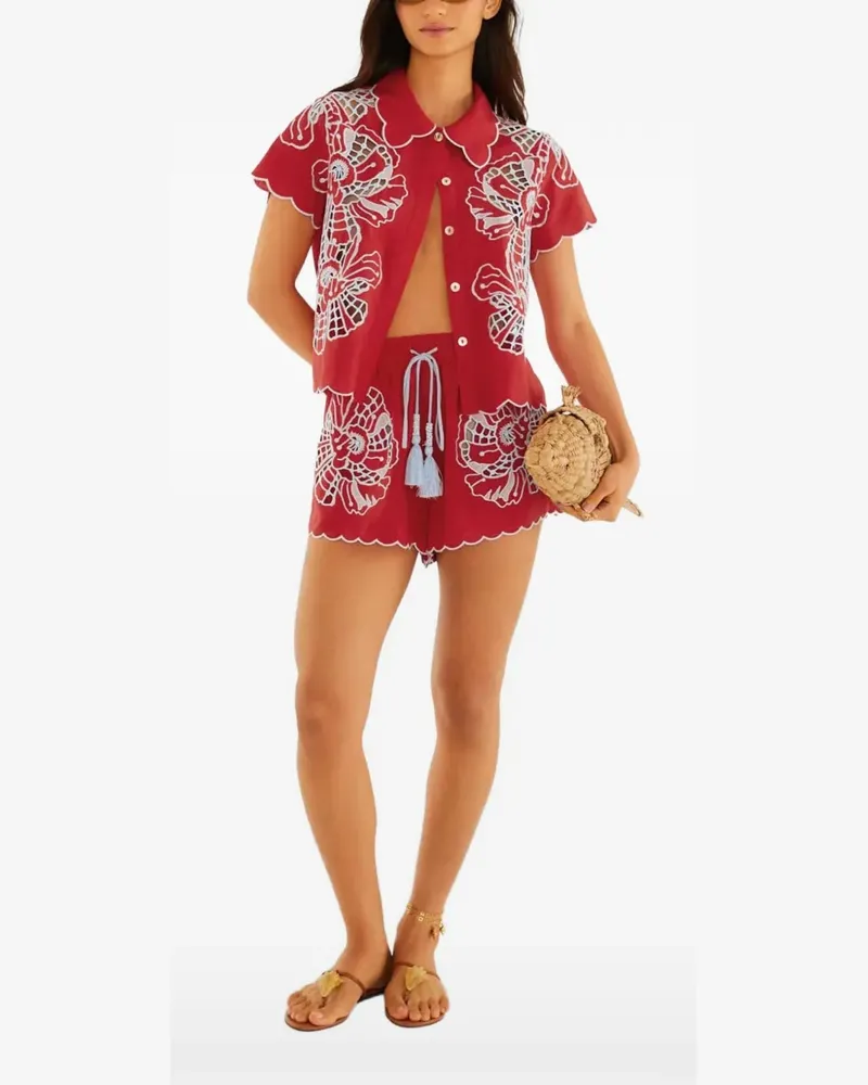 FARM Rio Kurze Shorts mit Blumenstickerei - Rot Rot