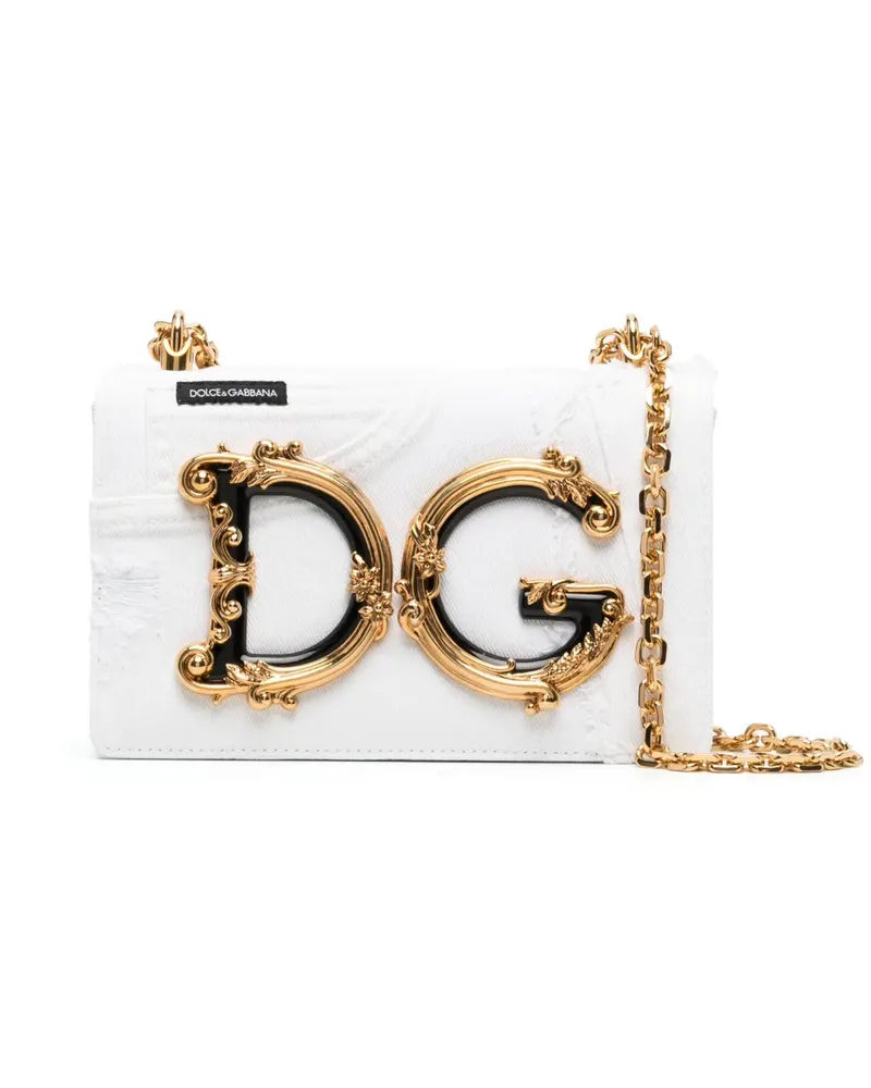 Dolce & Gabbana Jeans-Schultertasche mit Logo-Schild - Weiß Weiß