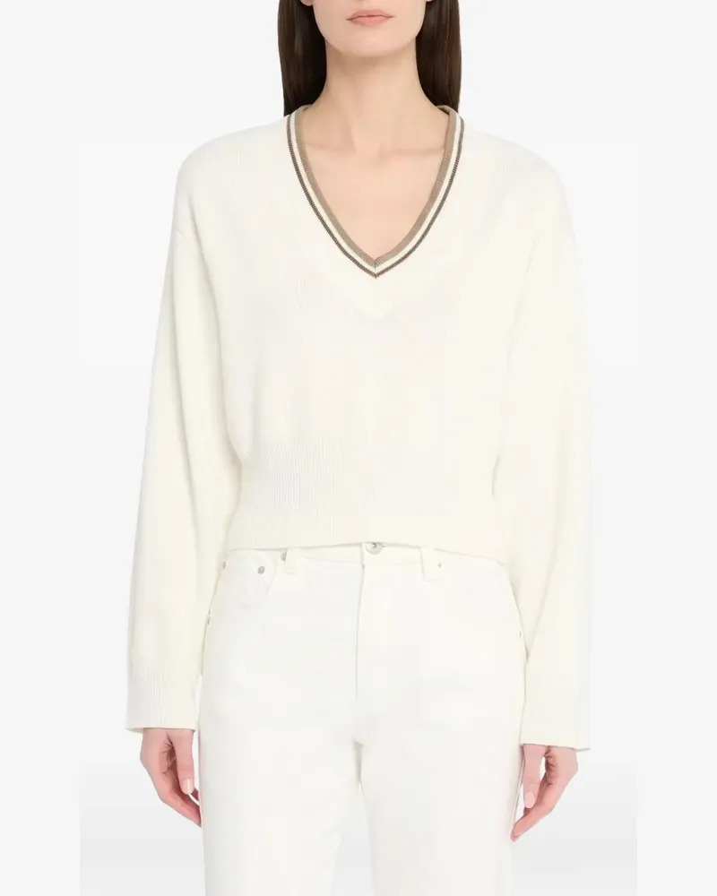 Brunello Cucinelli V-Ausschnitt-Pullover mit Streifen - Weiß Weiß