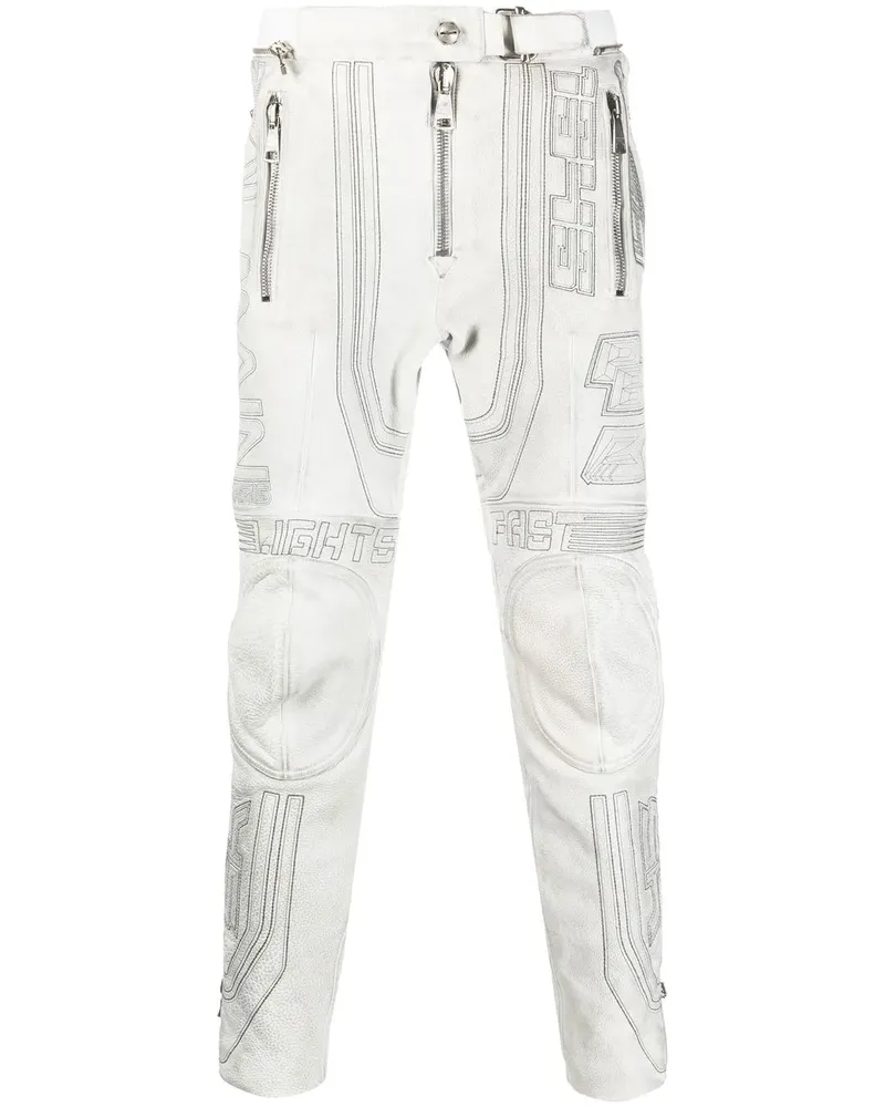 Balmain Bestickte Tapered-Hose aus Leder - Weiß Weiß