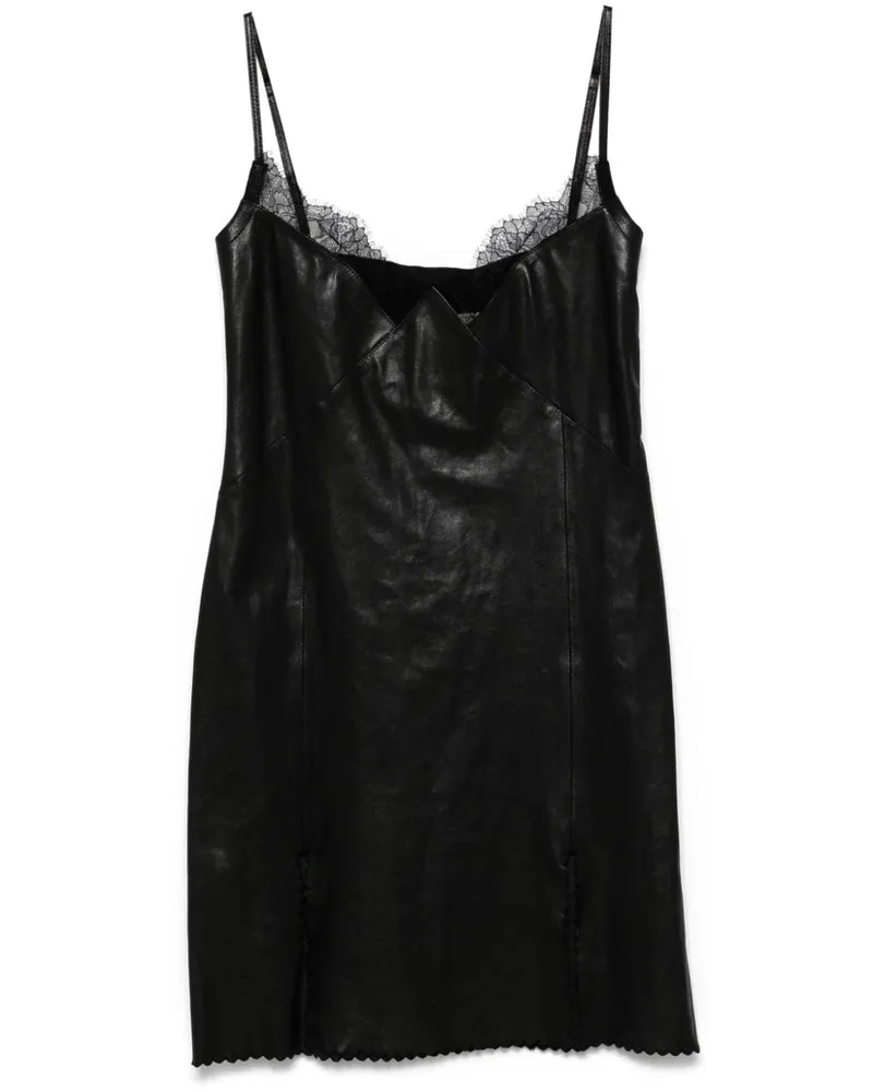 Blumarine Minikleid aus Leder mit Spitzenbesatz - Schwarz Schwarz