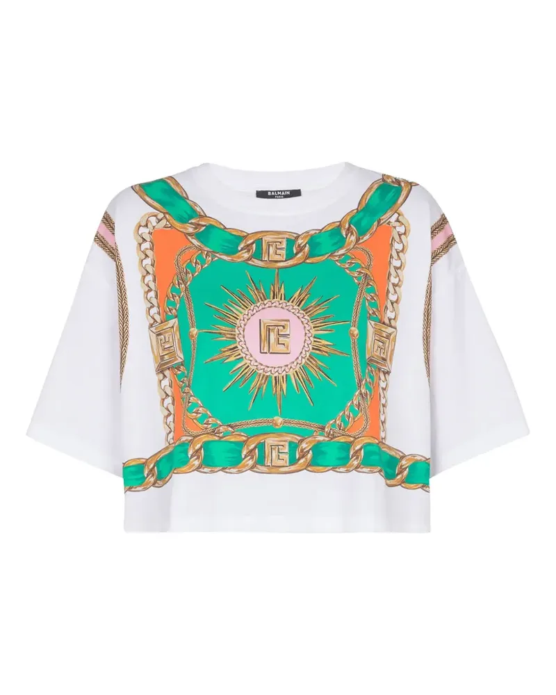 Balmain Cropped-T-Shirt mit Foulard-Print - Weiß Weiß