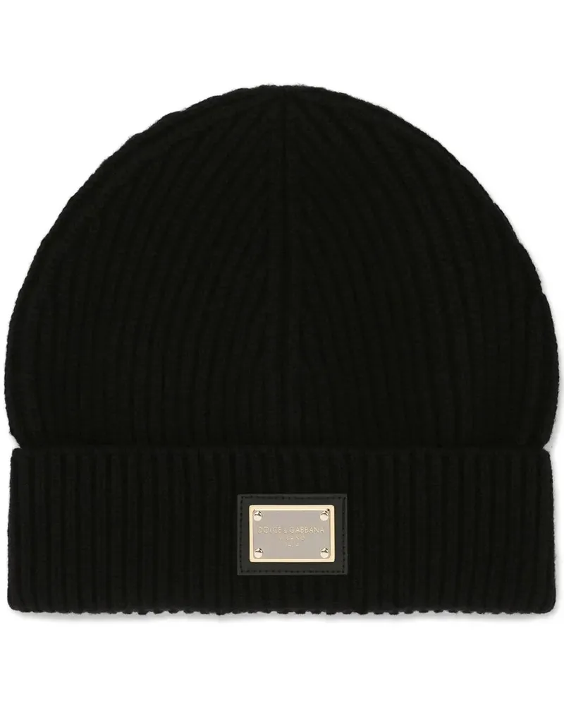 Dolce & Gabbana Kaschmirbeanie mit Logo-Schild - Schwarz Schwarz