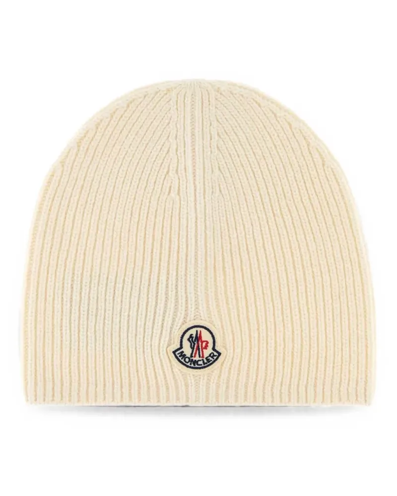 Moncler logo-patch ribbed-knit beanie hat - Nude Nude