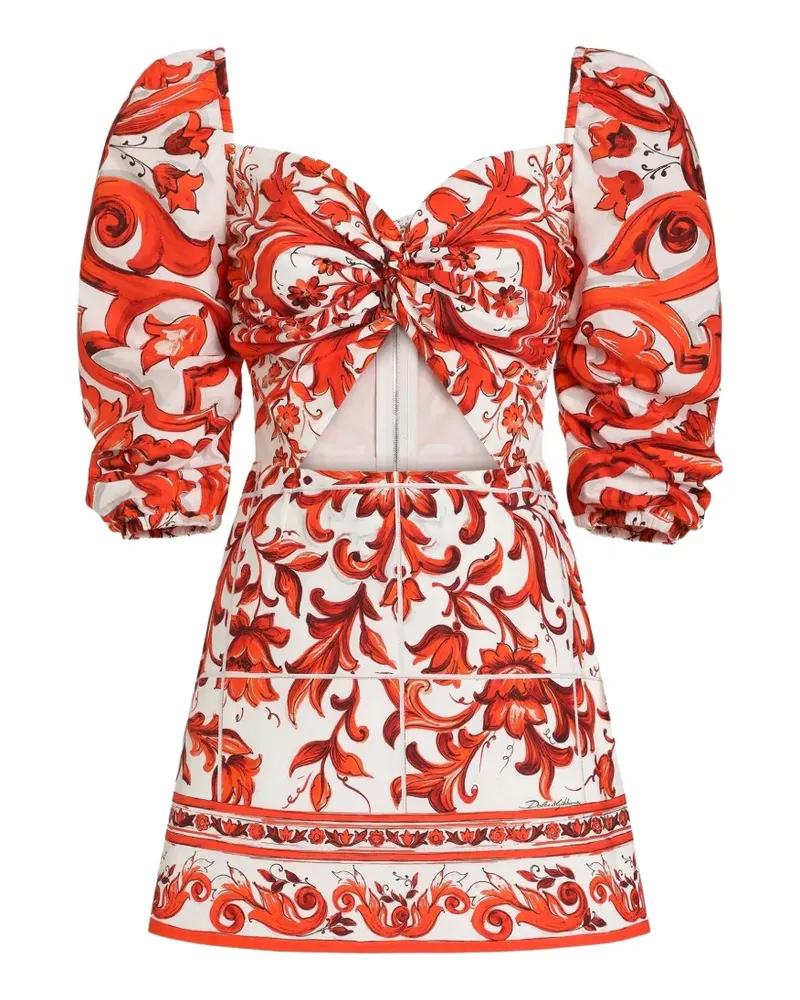 Dolce & Gabbana Kurzes Popeline-Kleid mit Majolica-Print - Weiß Weiß