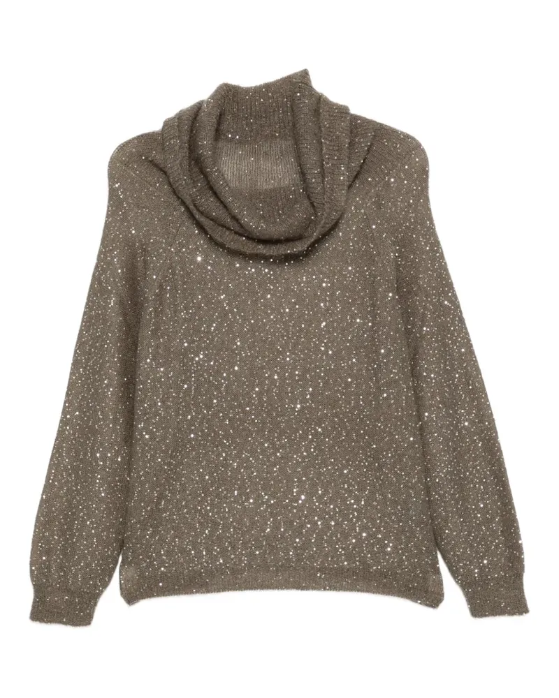 NUDE Pullover mit Wasserfallkragen und Pailletten - Grün Grün