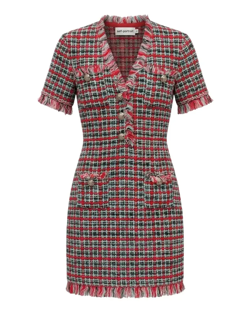 Self-Portrait red-check frayed knit mini dress - Rot Rot