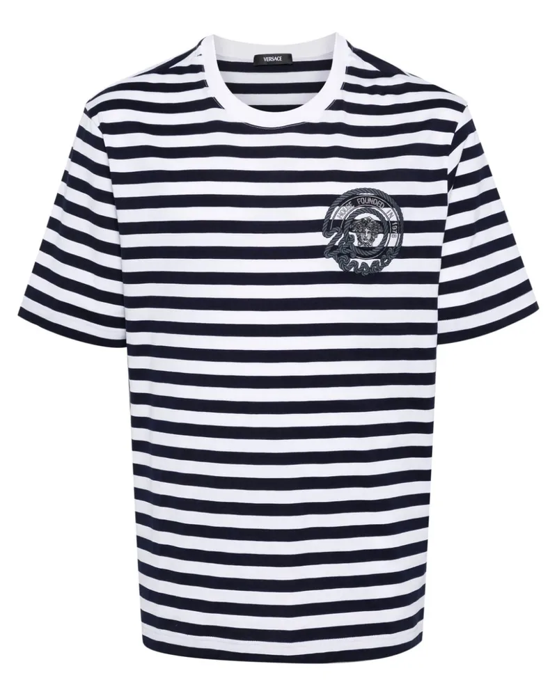 Versace Gestreiftes T-Shirt mit Medusa-Stickerei - Blau Blau