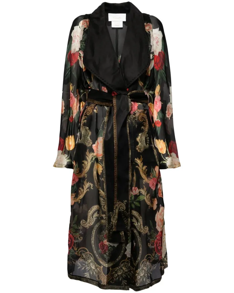 Camilla Seidenmantel mit Blumen-Print - Schwarz Schwarz