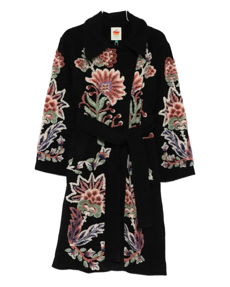 FARM Rio floral-embroidered belted coat - Schwarz Schwarz