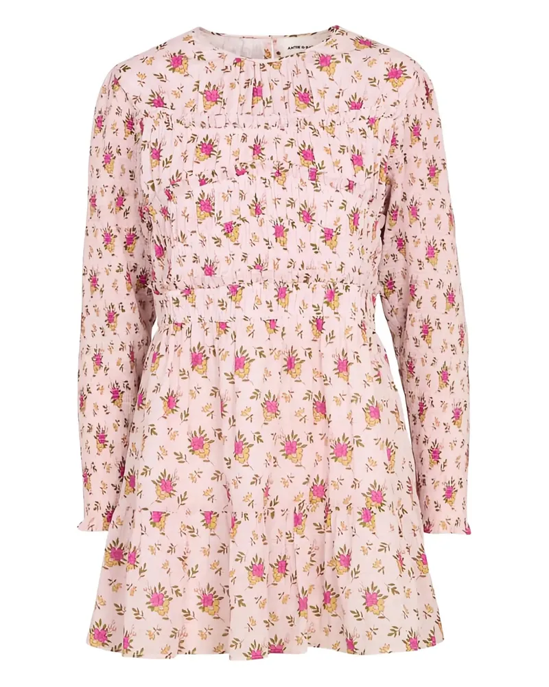 Antik Batik Gesmoktes Kleid mit Blumen-Print - Rosa Rosa