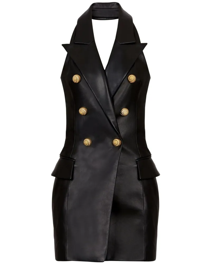 Balmain Neckholder-Midikleid aus Leder - Schwarz Schwarz