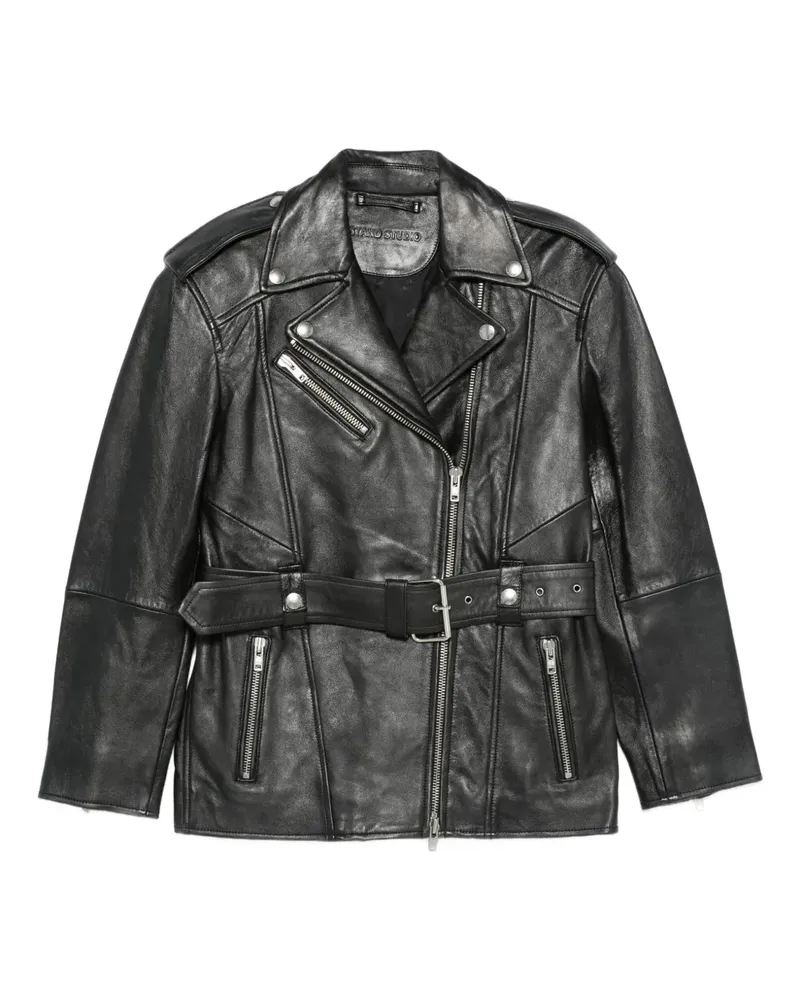 STAND Lederjacke mit Gürtel - Schwarz Schwarz