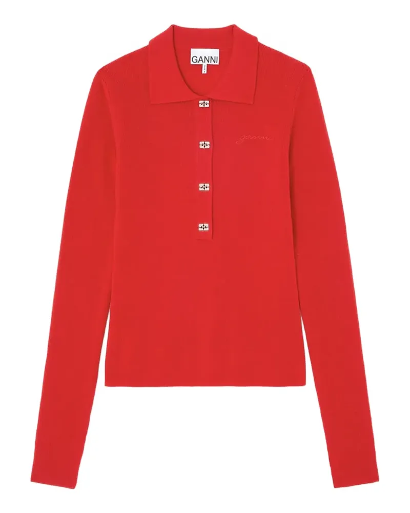 Ganni logo-button long-sleeve polo shirt - Rot Rot