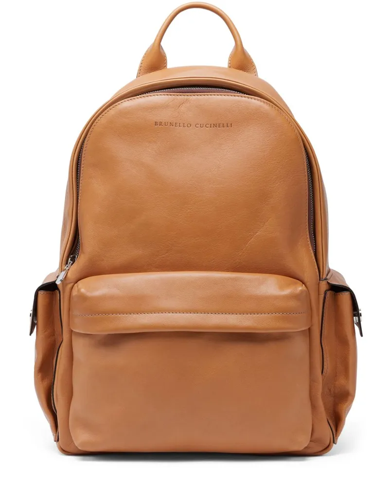 Brunello Cucinelli Rucksack aus Leder mit Logo-Prägung Nude