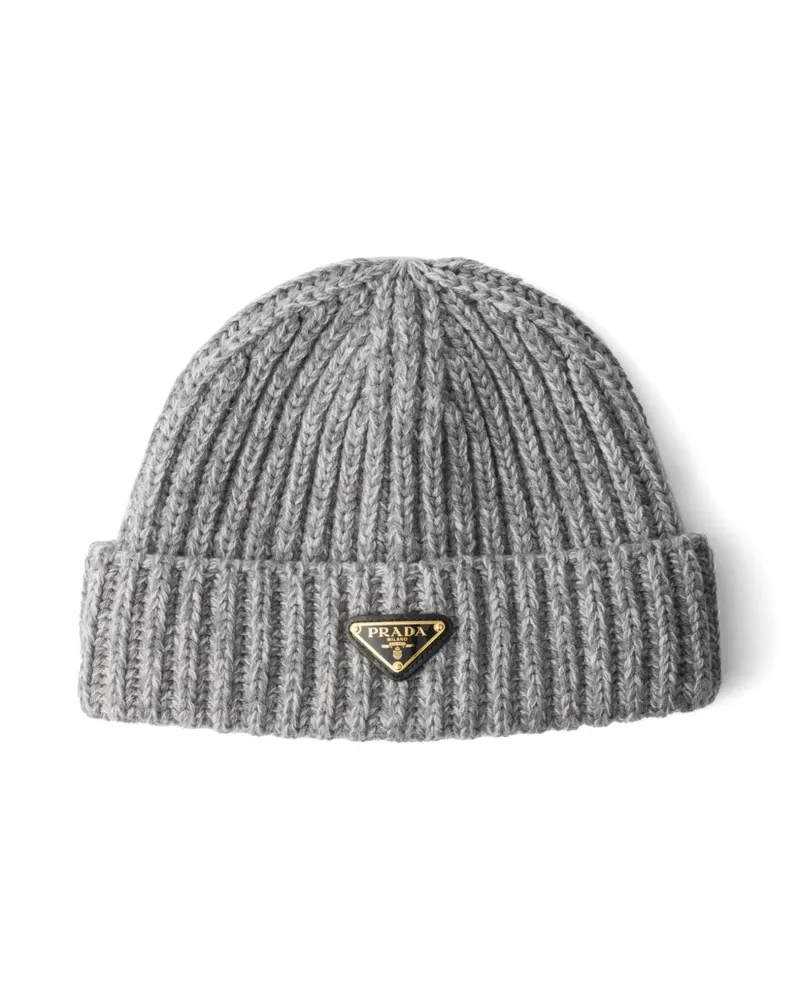 Prada Beanie mit emailliertem Triangel-Logo - Grau Grau