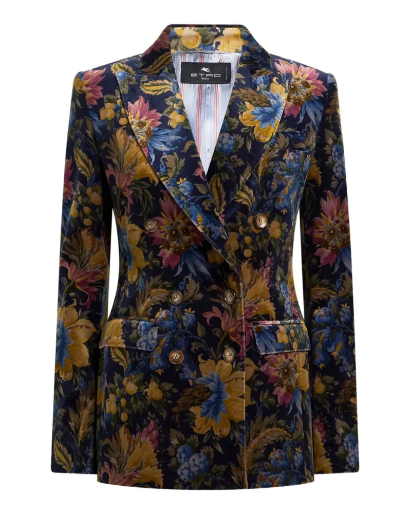 Etro double-breasted cotton velvet jacket with floral overprint - Blau Blau