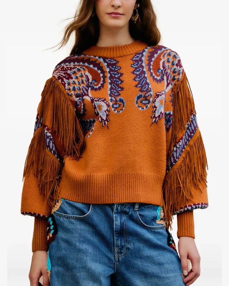 FARM Rio Gemusterter Pullover mit Fransen - Braun Braun