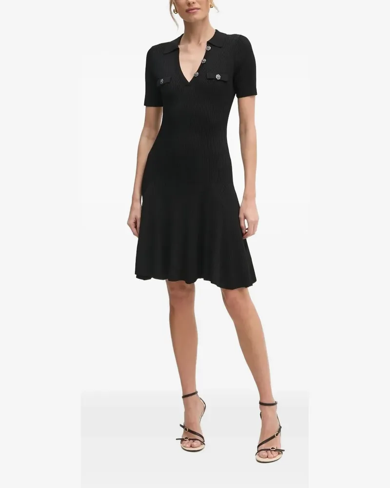 Guess Geripptes Kleid mit Schmucksteinen - Schwarz Schwarz