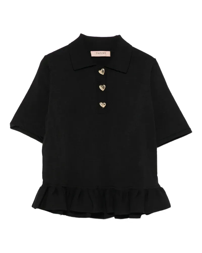 Twin-Set Poloshirt mit Herzknöpfen und Rüschenbesatz - Schwarz Schwarz
