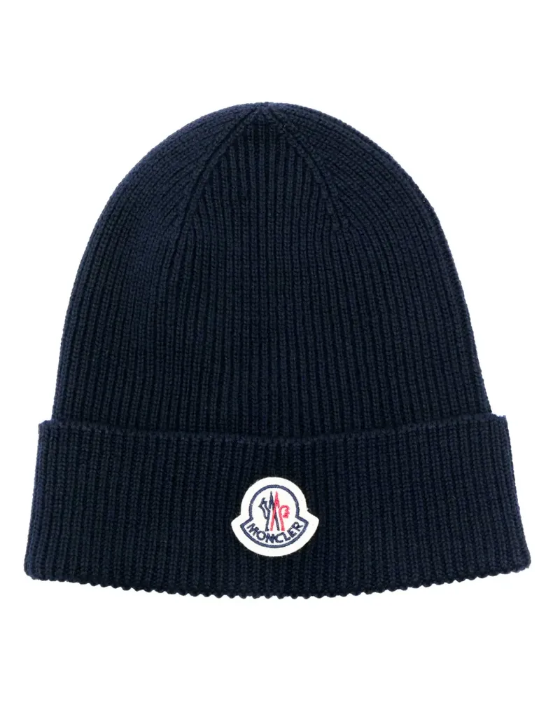 Moncler Gerippte Beanie Logo-Patch - Blau Blau