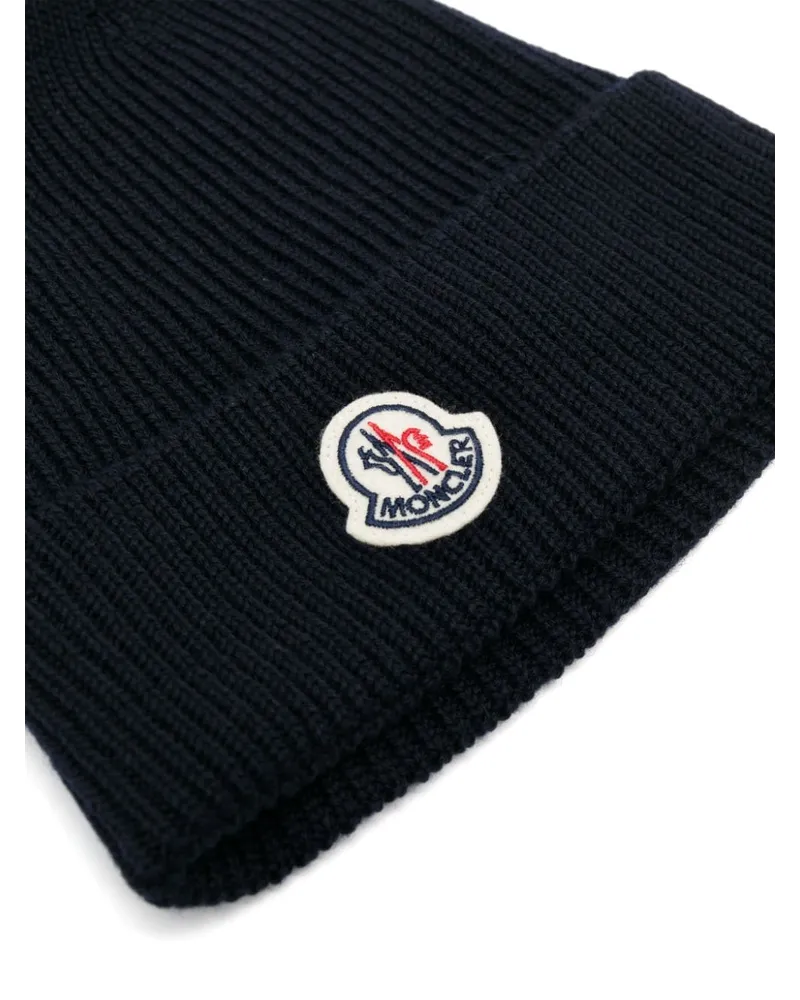 Moncler Gerippte Beanie Logo-Patch - Blau Blau