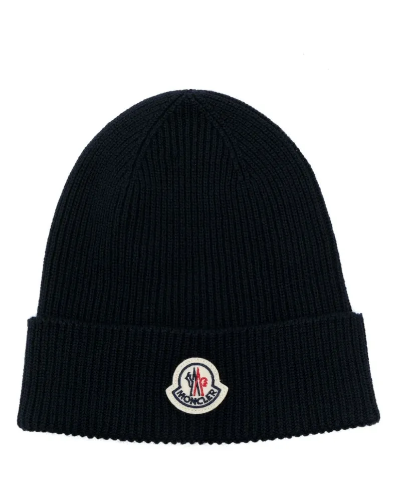 Moncler Gerippte Beanie mit Logo-Patch - Blau Blau