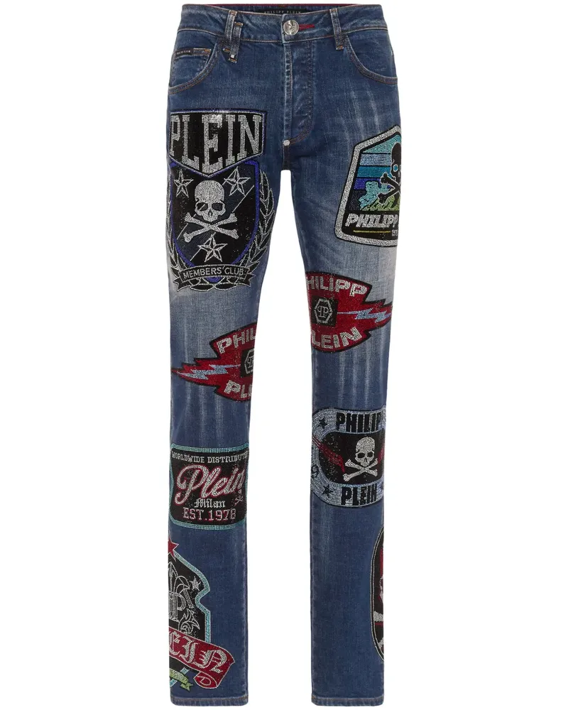 Philipp Plein Patches Strass Super-Straight-Jeans - Blau Blau