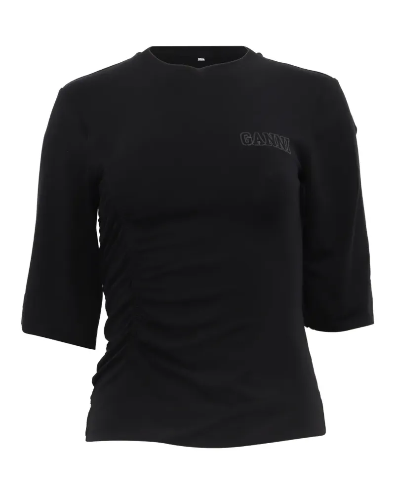 Ganni logo-detail ruched T-shirt - Schwarz Schwarz
