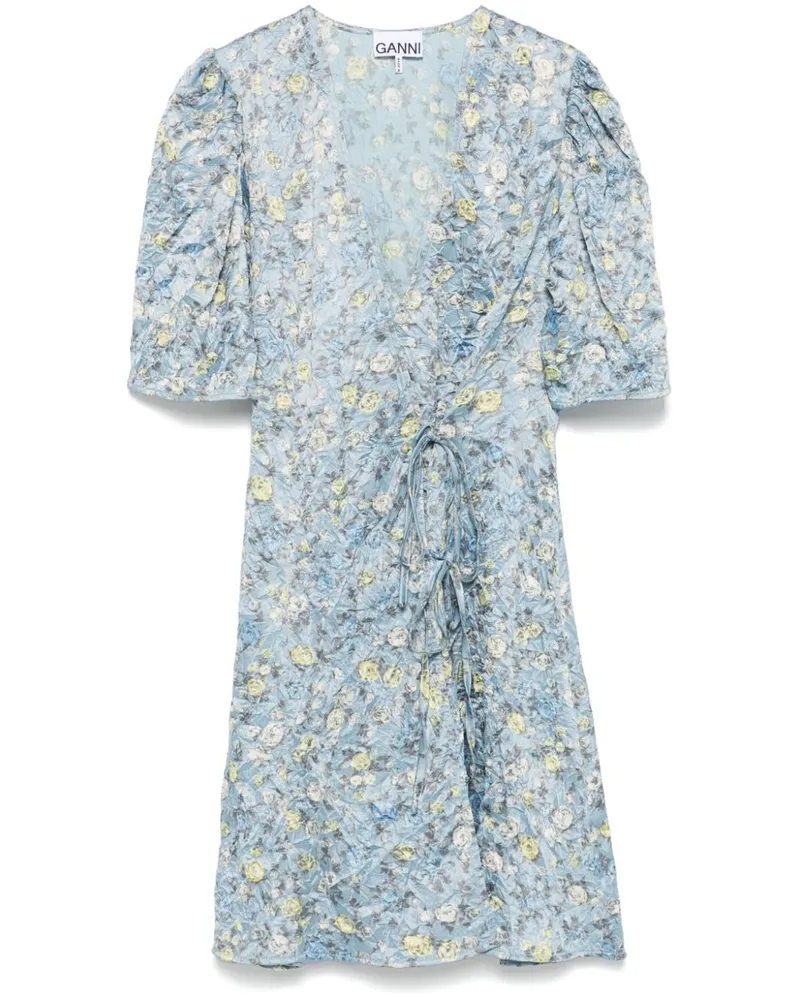 Ganni Minikleid mit floralem Print und Knitteroptik - Blau Blau