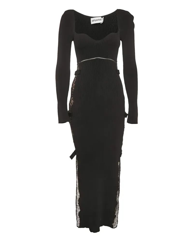 Self-Portrait Midikleid mit Spitzeneinsätzen - Schwarz Schwarz