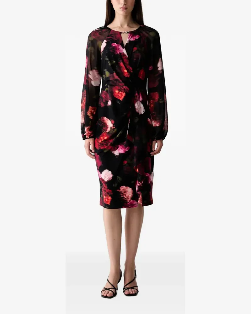Joseph Ribkoff Gerüschtes Midikleid mit Blumenprint - Schwarz Schwarz