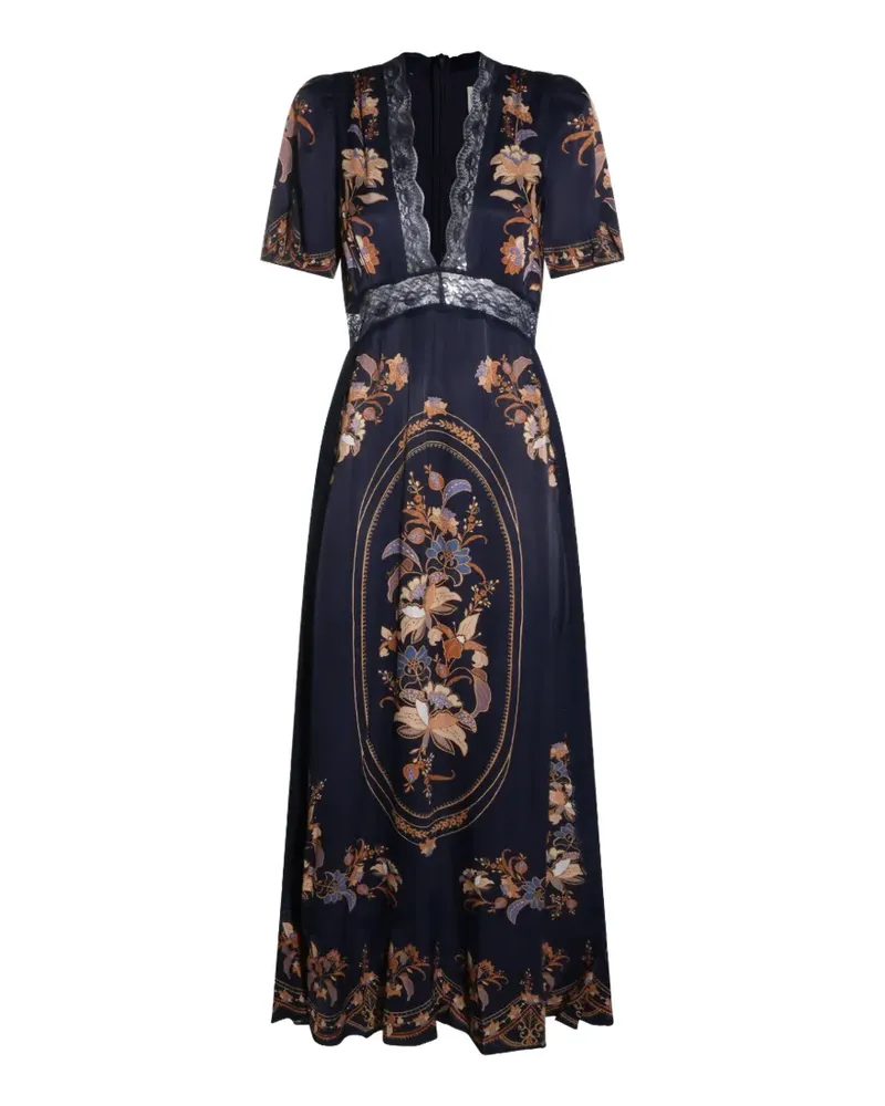 FARM Rio floral-print lace-trim maxi dress - Blau Blau