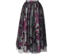 tulle-overlay floral-print midi skirt