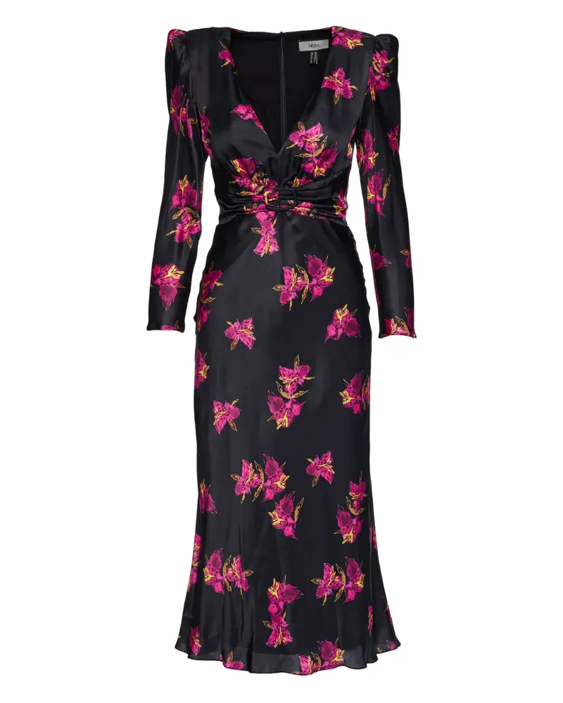 NISSA floral belted silk midi dress - Schwarz Schwarz