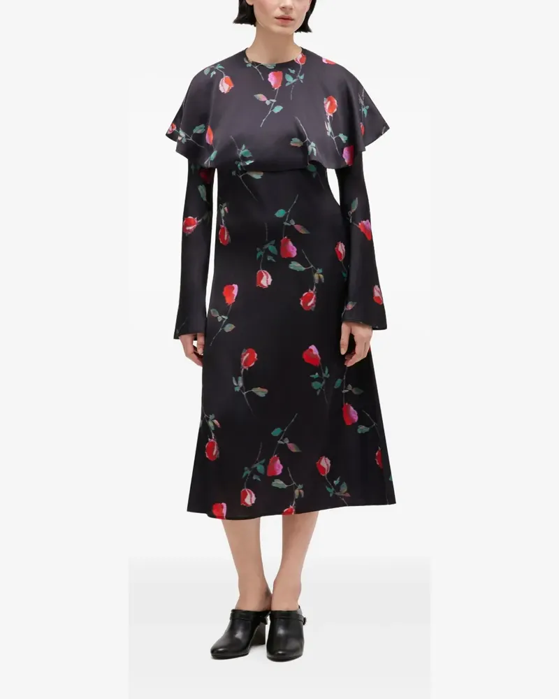 Ganni Geblümtes Kleid mit Rüschen - Schwarz Schwarz