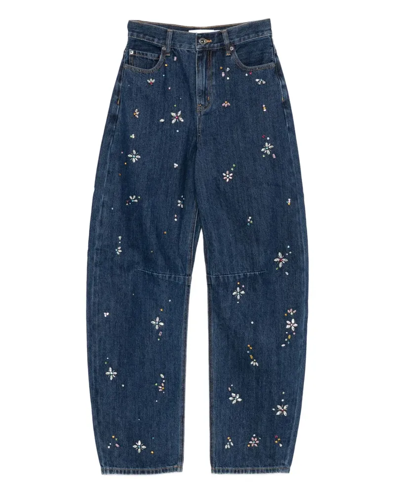 Self-Portrait Jeans mit Kristallblumen - Blau Blau